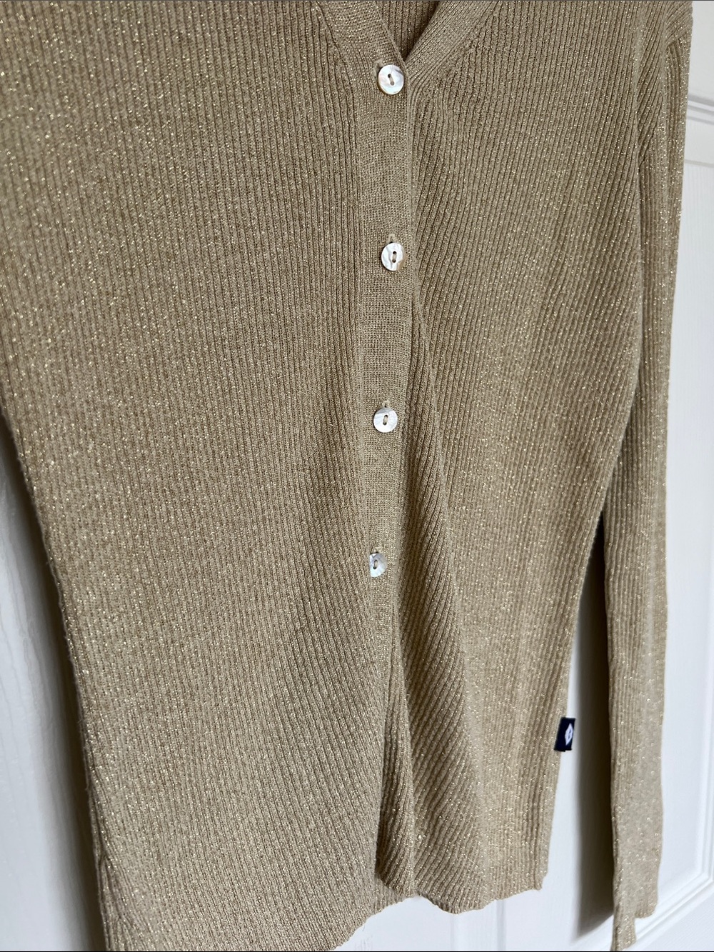 Metallic Ribbed V-Neck Cardigan - Gold - Picture 3 of 4